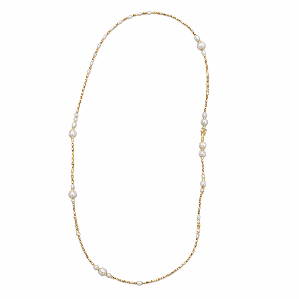 0022 Pearl + Gold Long Necklace