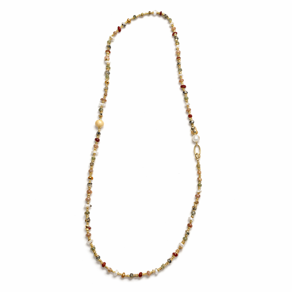 0024 Long Natural Stone + Pearl Necklace