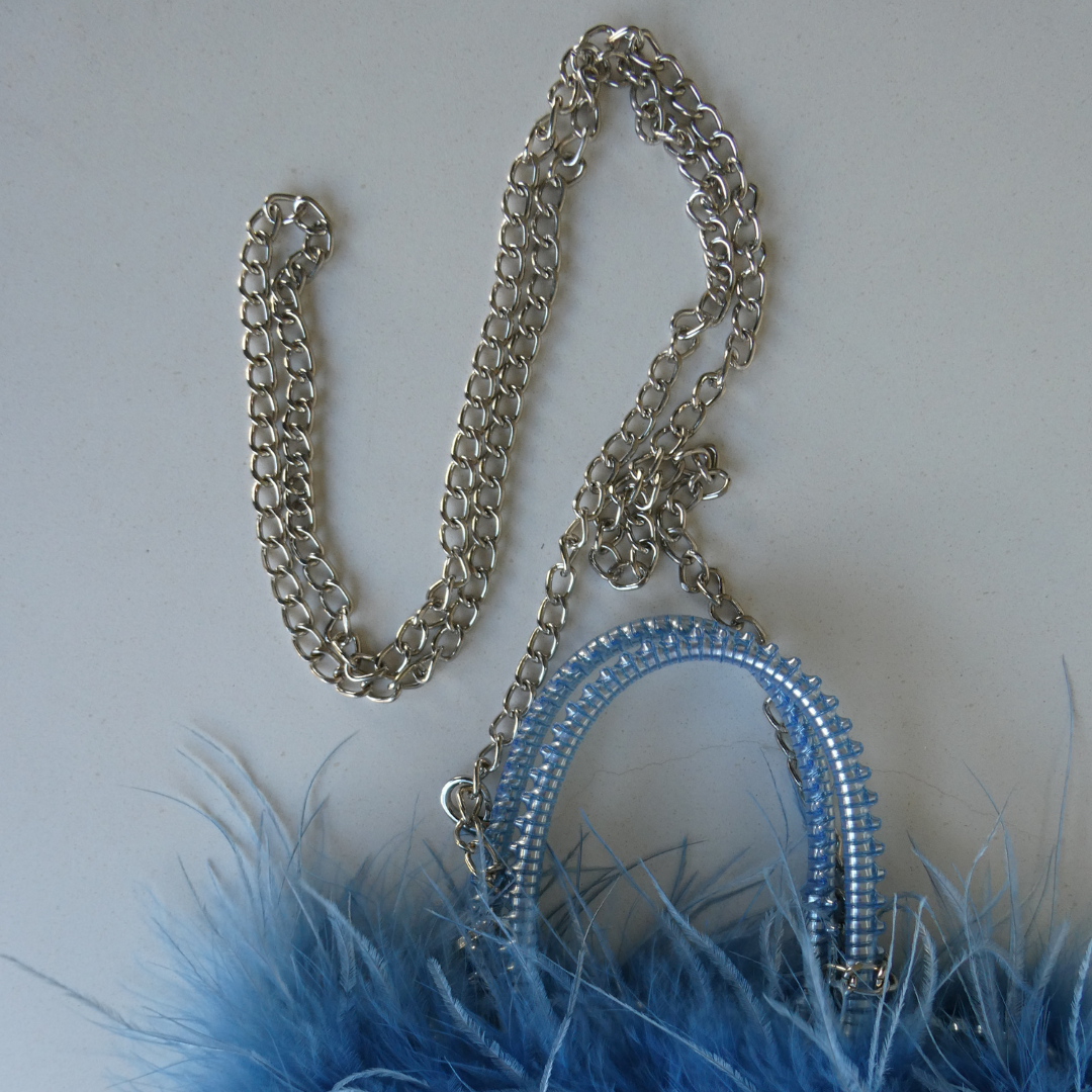 ROBERTA Woven PVC Bag with Fur Trim, Blue