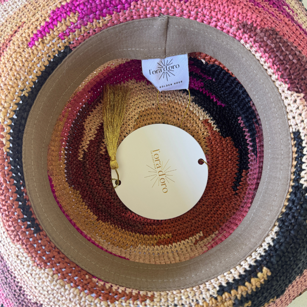 ROLLABLE, Raffia Hat in Black/Pink Camo - Size Small