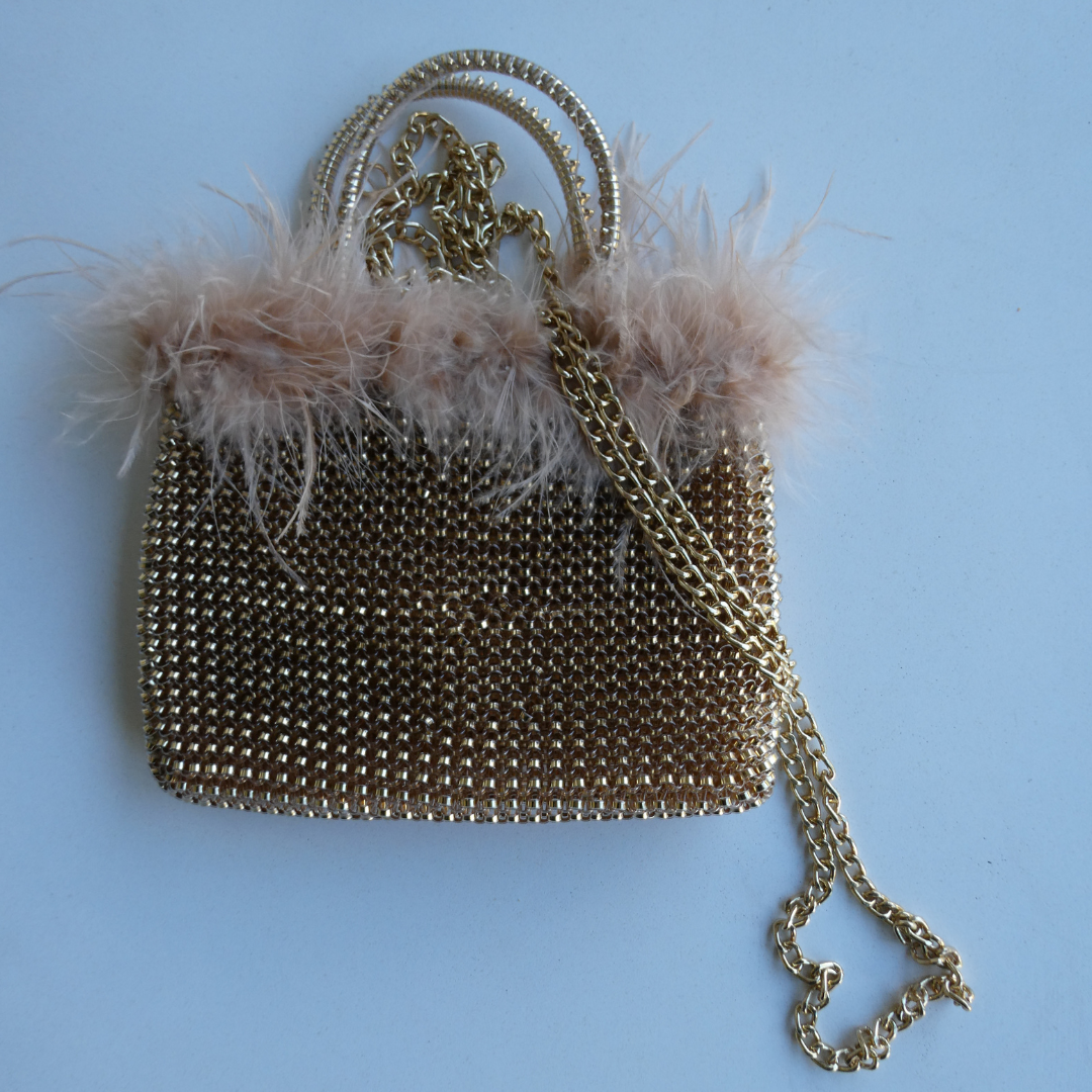 ROBERTA Woven PVC Bag with Fur Trim, Gold