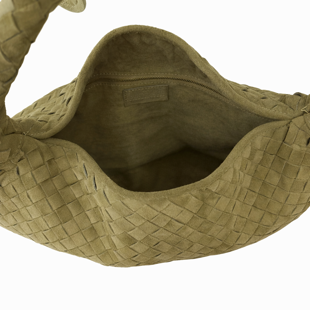 HARRIET, Slouchy Shoulder Bag in Mushroom Suede