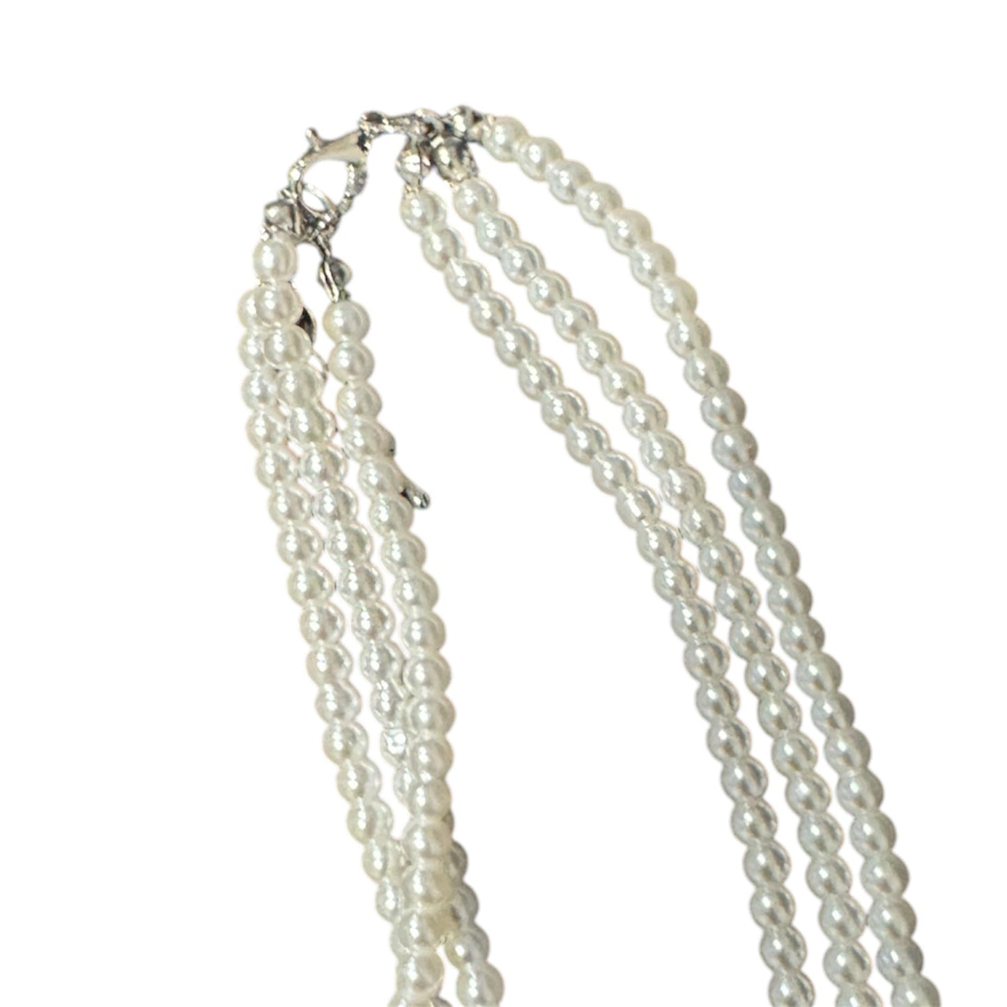 0009 3 Strand Beaded Necklace Two Tone, Clear & Pearl