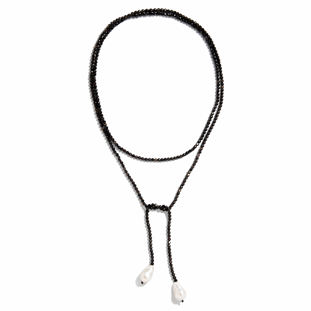 0002 (Long) Beaded Necklace with Faux Pearl Ends, Black