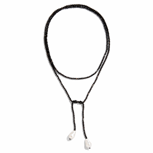 0002 (Long) Beaded Necklace with Faux Pearl Ends, Black