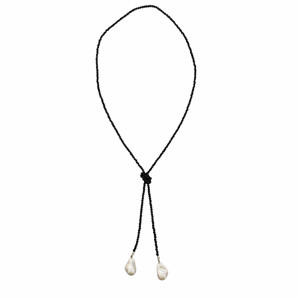 0002 (Long) Beaded Necklace with Faux Pearl Ends, Black