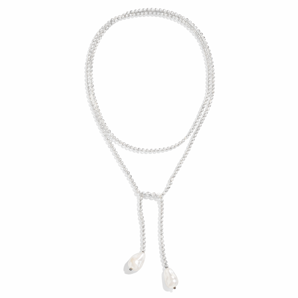 0002 (Long) Beaded Necklace with Faux Pearl Ends, Clear