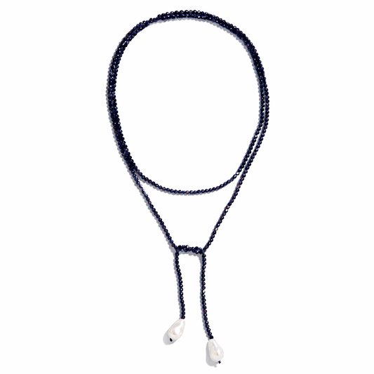 0002 (Long) Beaded Necklace with Faux Pearl Ends, Navy