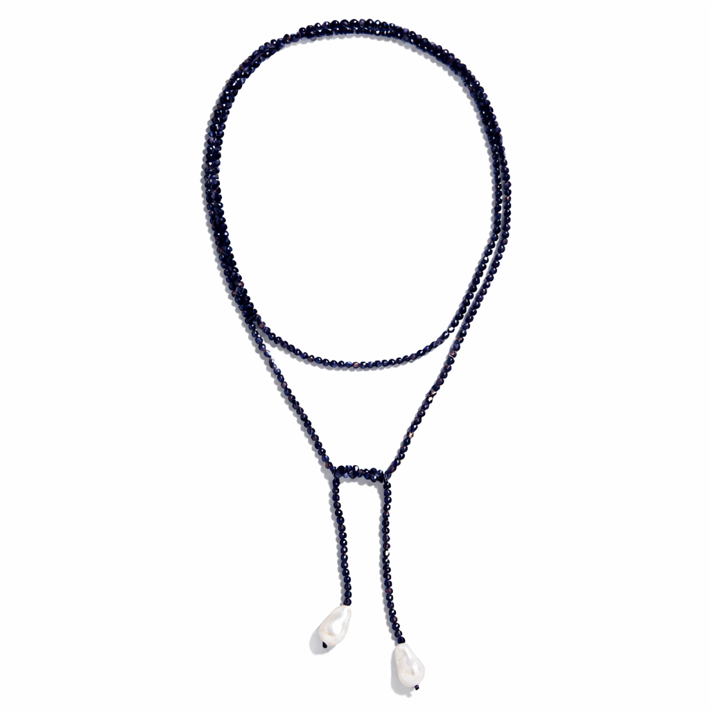 0002 (Long) Beaded Necklace with Faux Pearl Ends, Navy