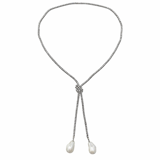 0002 (Long) Beaded Necklace with Faux Pearl Ends, Pewter