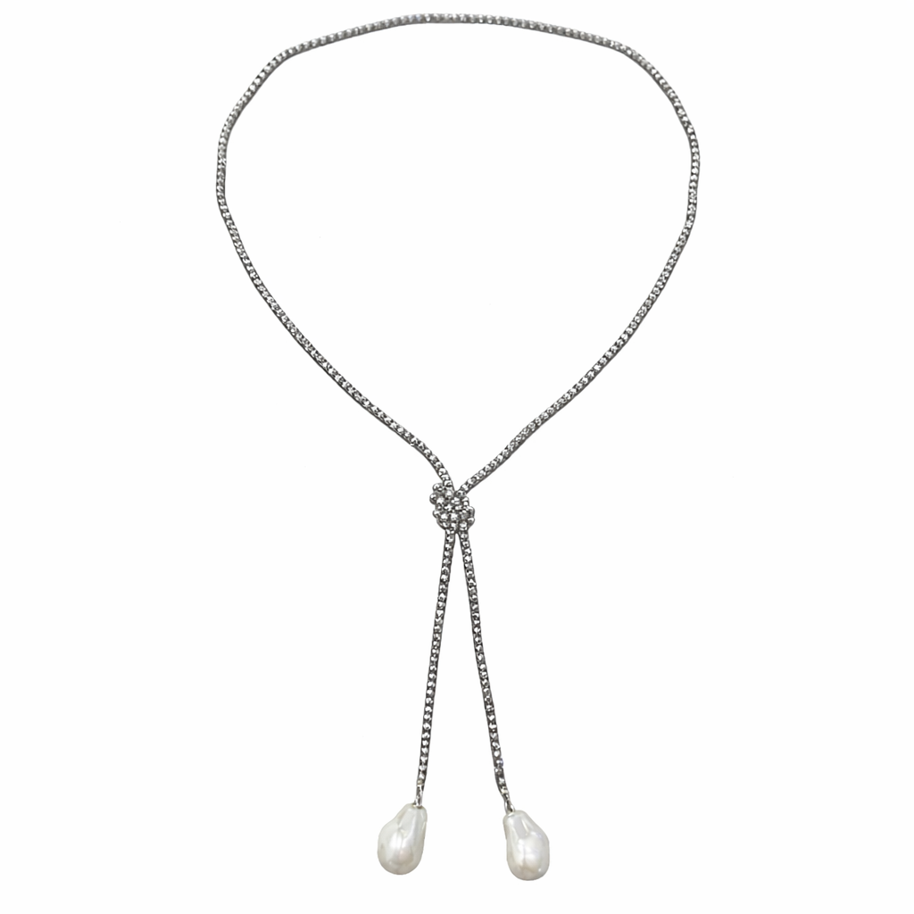 0002 (Long) Beaded Necklace with Faux Pearl Ends, Pewter