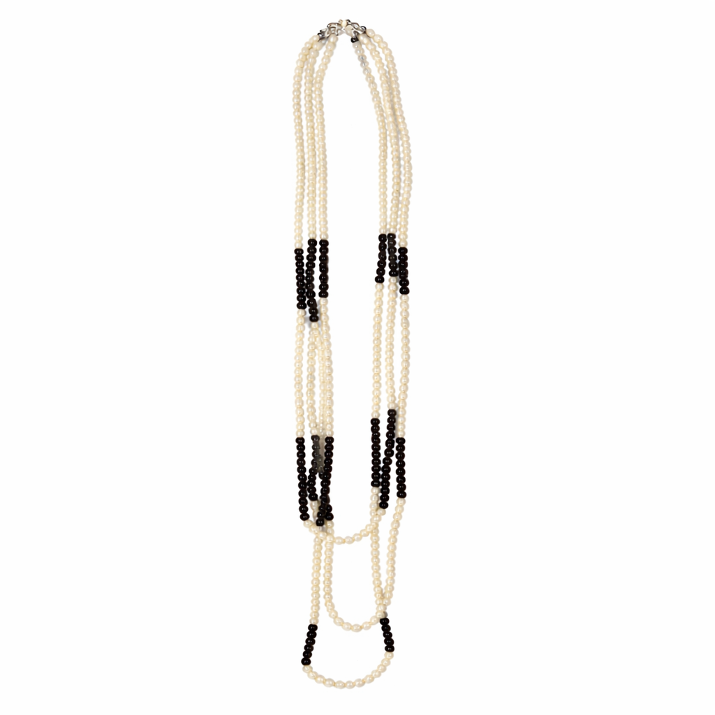 0009 3 Strand Beaded Necklace Two Tone, Black & Pearl