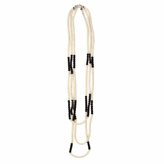 0009 3 Strand Beaded Necklace Two Tone, Black & Pearl