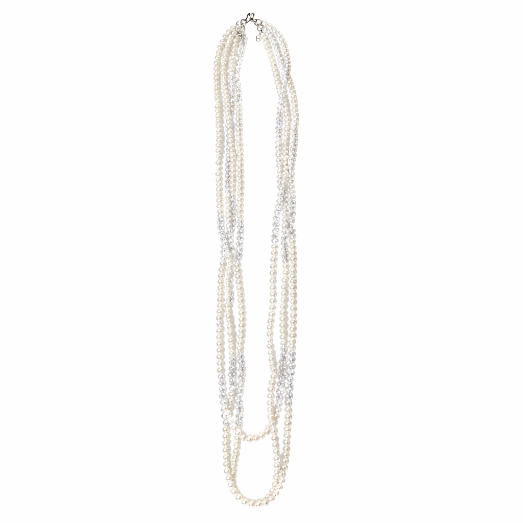 0009 3 Strand Beaded Necklace Two Tone, Clear & Pearl