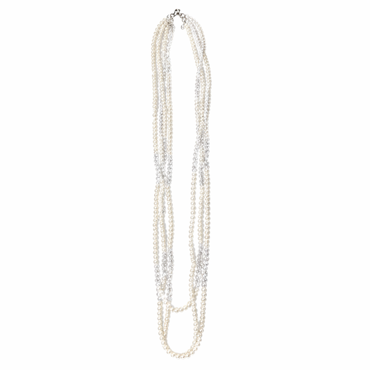 0009 3 Strand Beaded Necklace Two Tone, Clear & Pearl