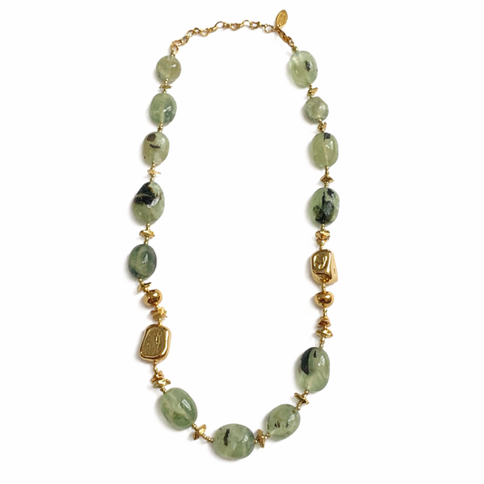 0023 Short Gold + Green Bead Necklace