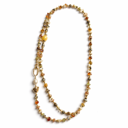0024 Long Natural Stone + Pearl Necklace