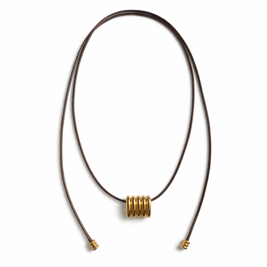 0025 Tan Leather Lariat Necklace w Gold Hardware