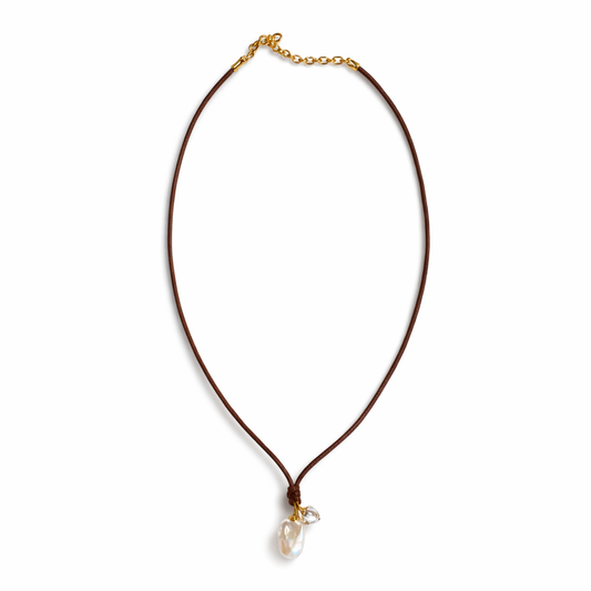 0026 Leather Rope Necklace with Double Pearl Pendant