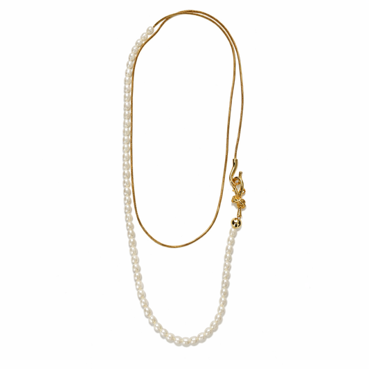 0027 Long Gold + Pearl Necklace