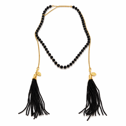 0030 Black + Gold Lariat Necklace w Removable Tass
