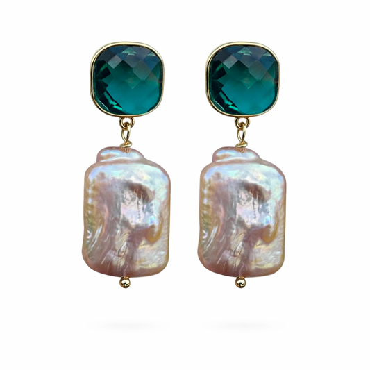 043 Emerald Swarvoski + Pearl Earrings