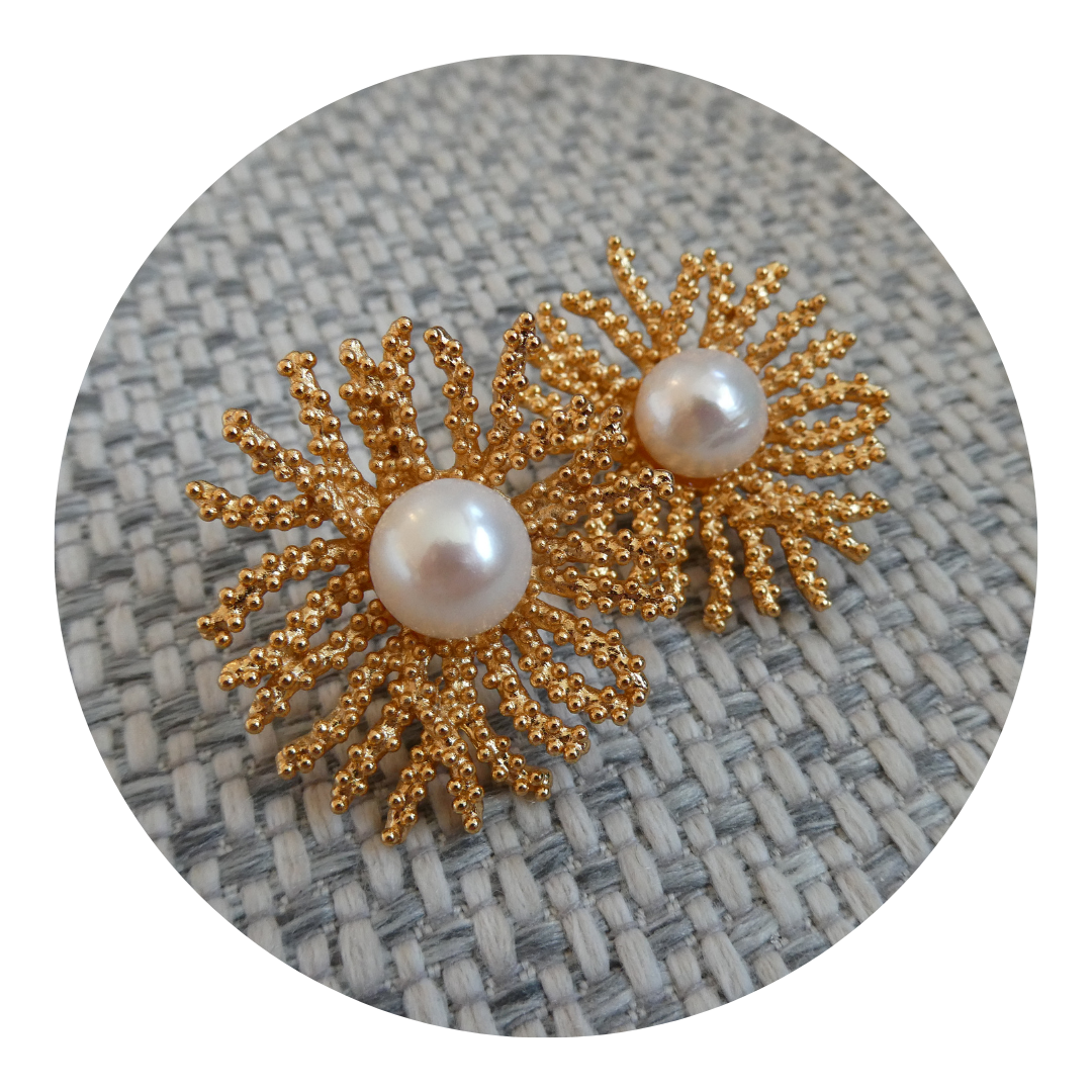 064 Gold 'Coral' & Pearl Earrings