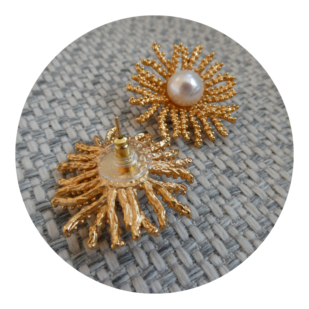 064 Gold 'Coral' & Pearl Earrings