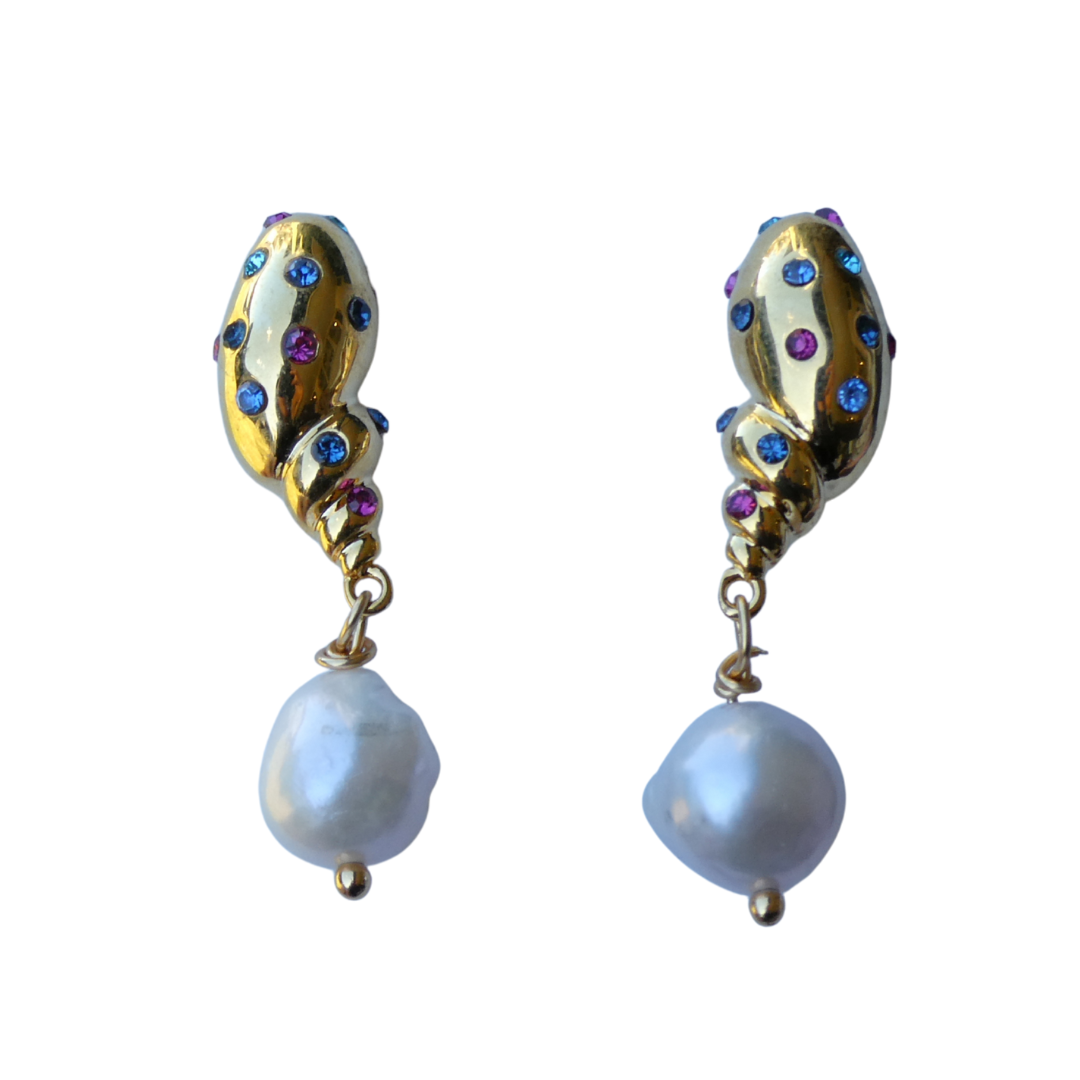 074 Multi Coloured Shell Statement Earrings & Pearls