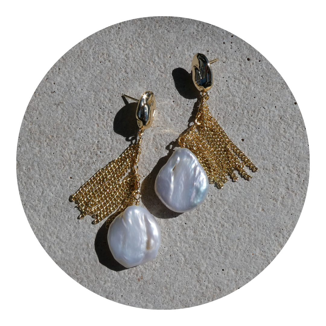 077 Natural Pearl & Gold Chain Statement Earrings