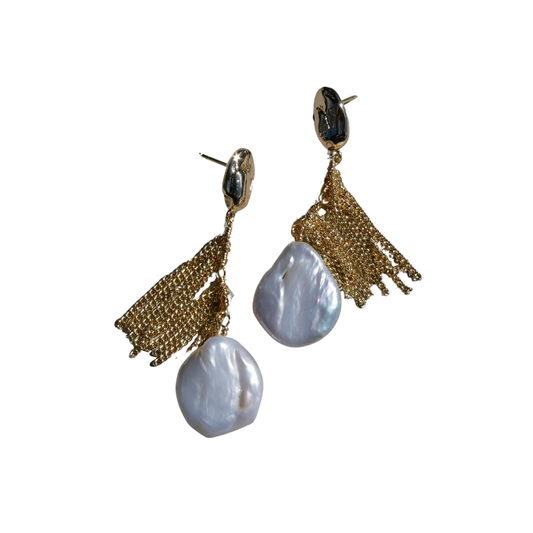 077 Natural Pearl & Gold Chain Statement Earrings