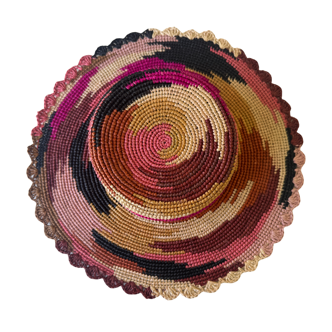 ROLLABLE, Raffia Hat in Black/Pink Camo - Size Small