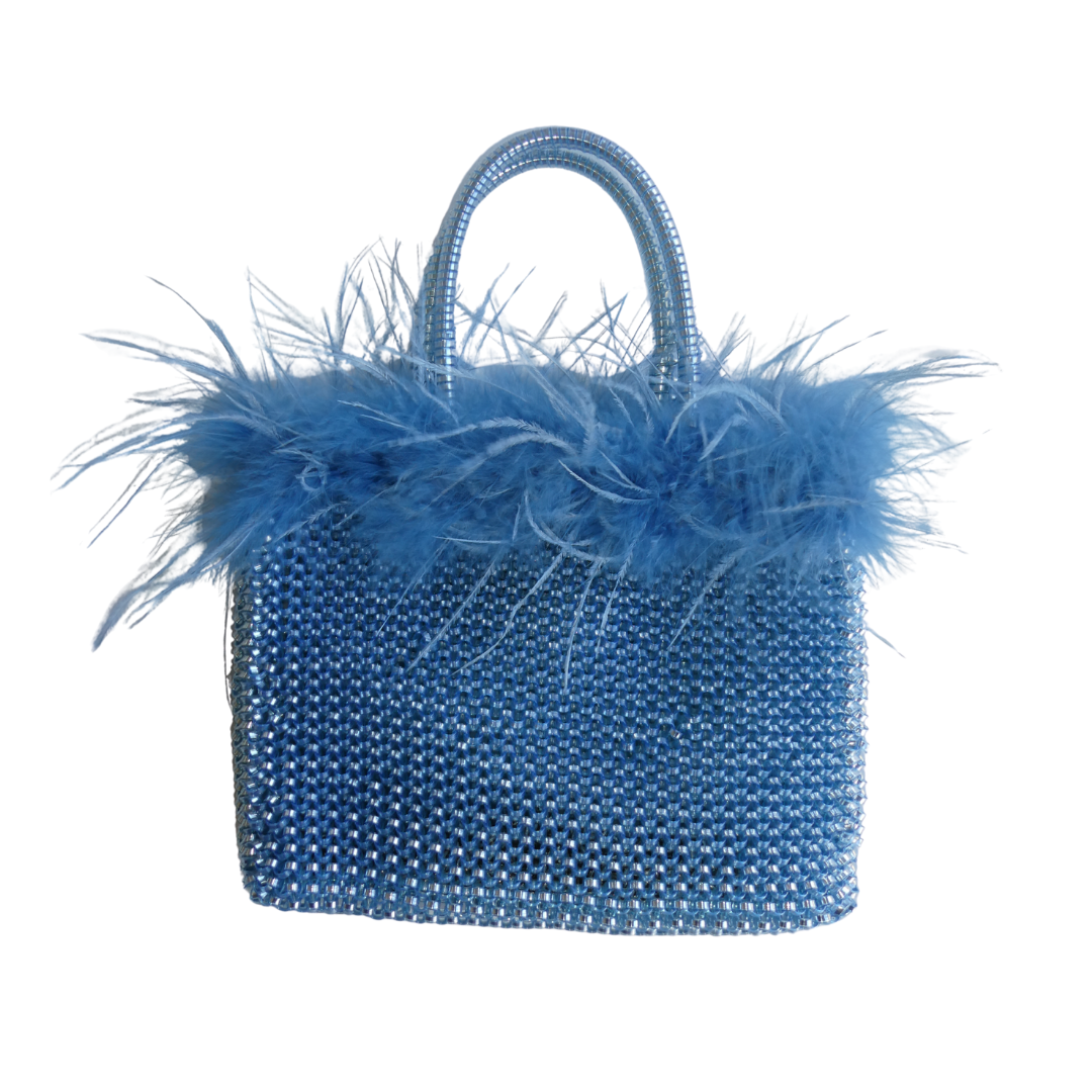 ROBERTA Woven PVC Bag with Fur Trim, Blue