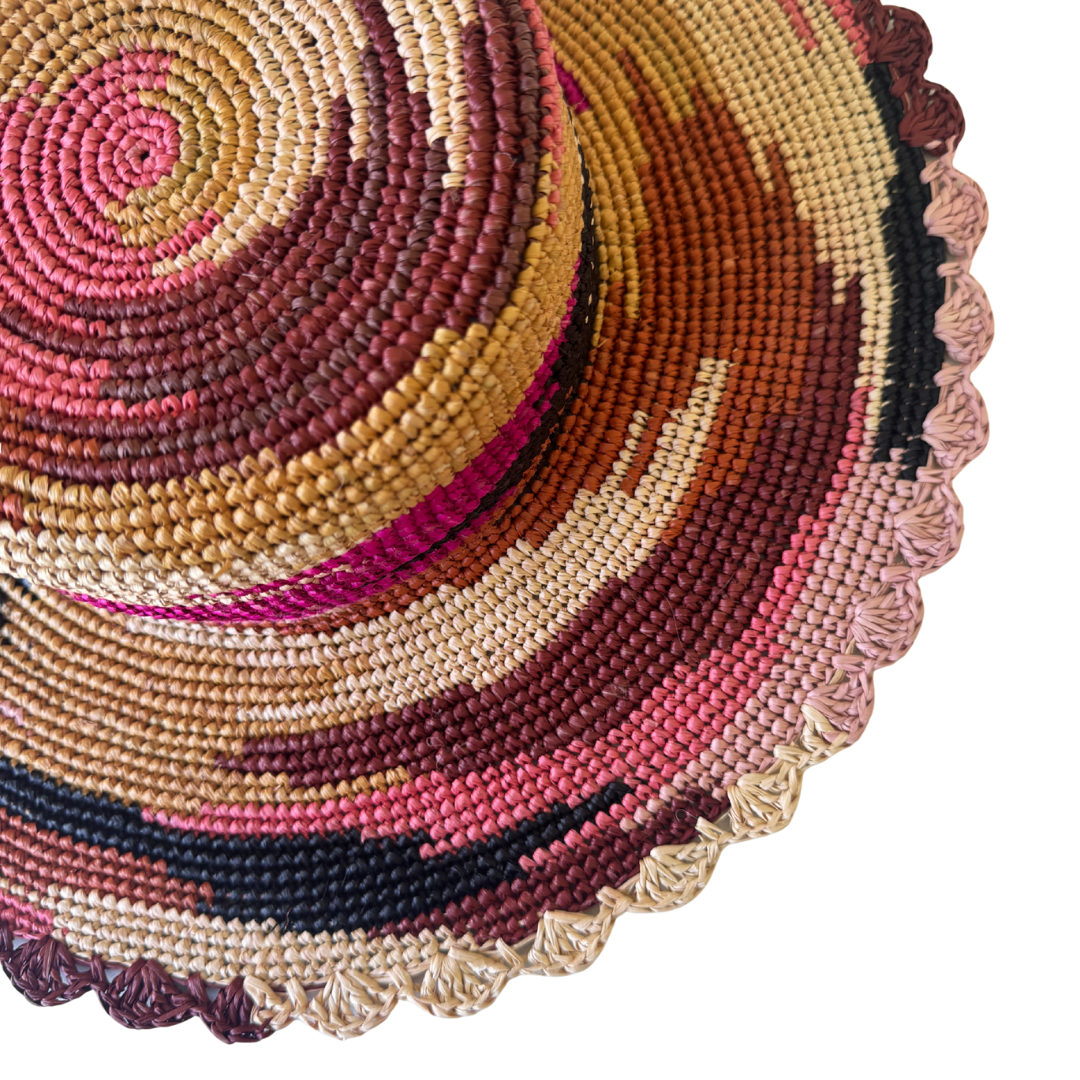 ROLLABLE, Raffia Hat in Black/Pink Camo - Size Small