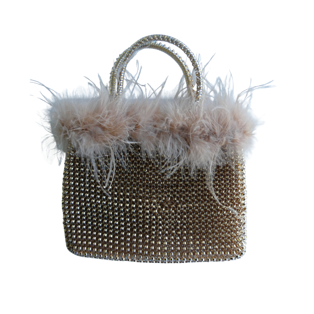 ROBERTA Woven PVC Bag with Fur Trim, Gold