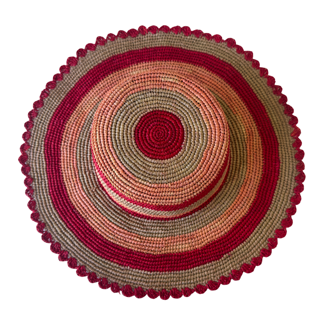 ROLLABLE, Raffia Hat in Red + Peach Combo - Size Large