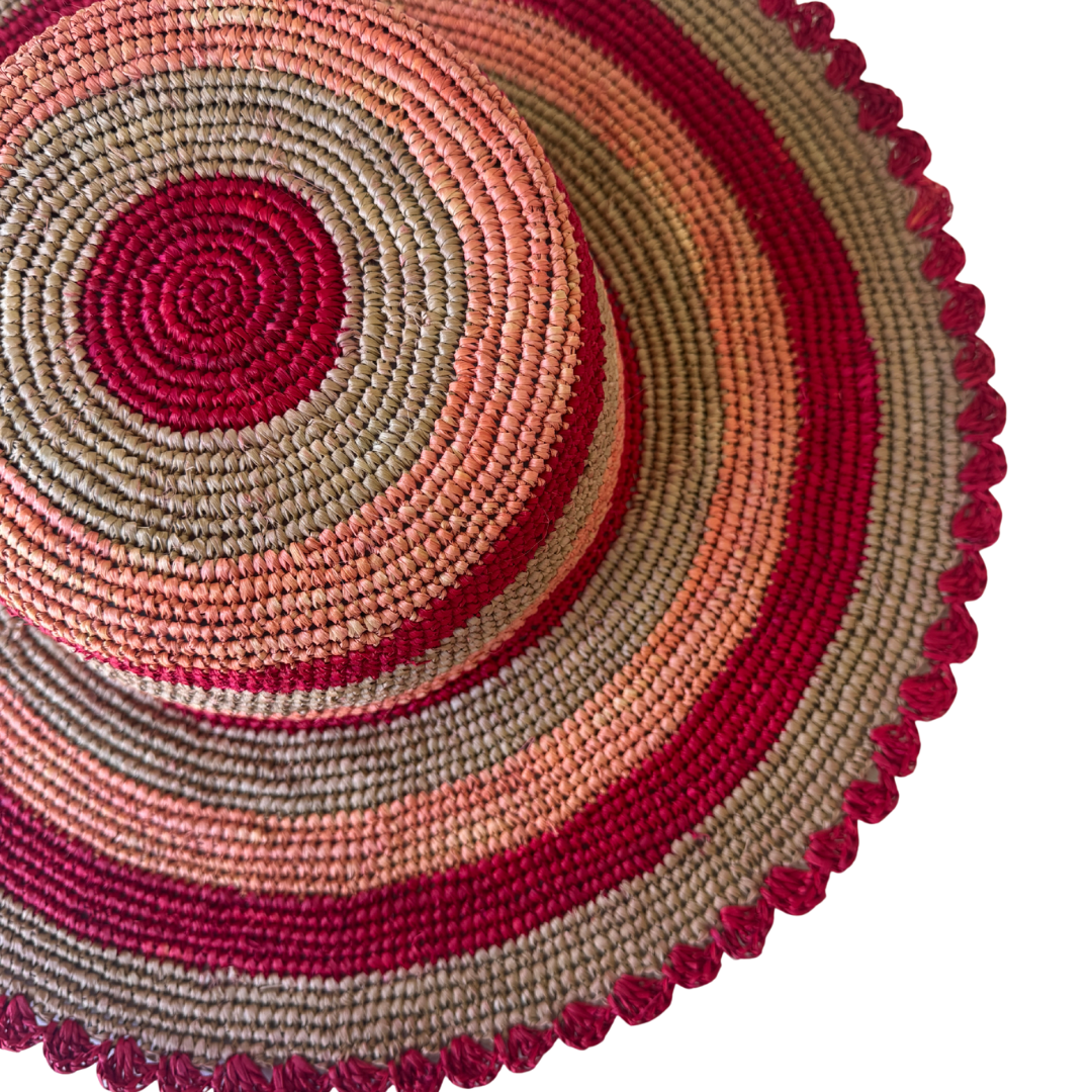 ROLLABLE, Raffia Hat in Red + Peach Combo - Size Large