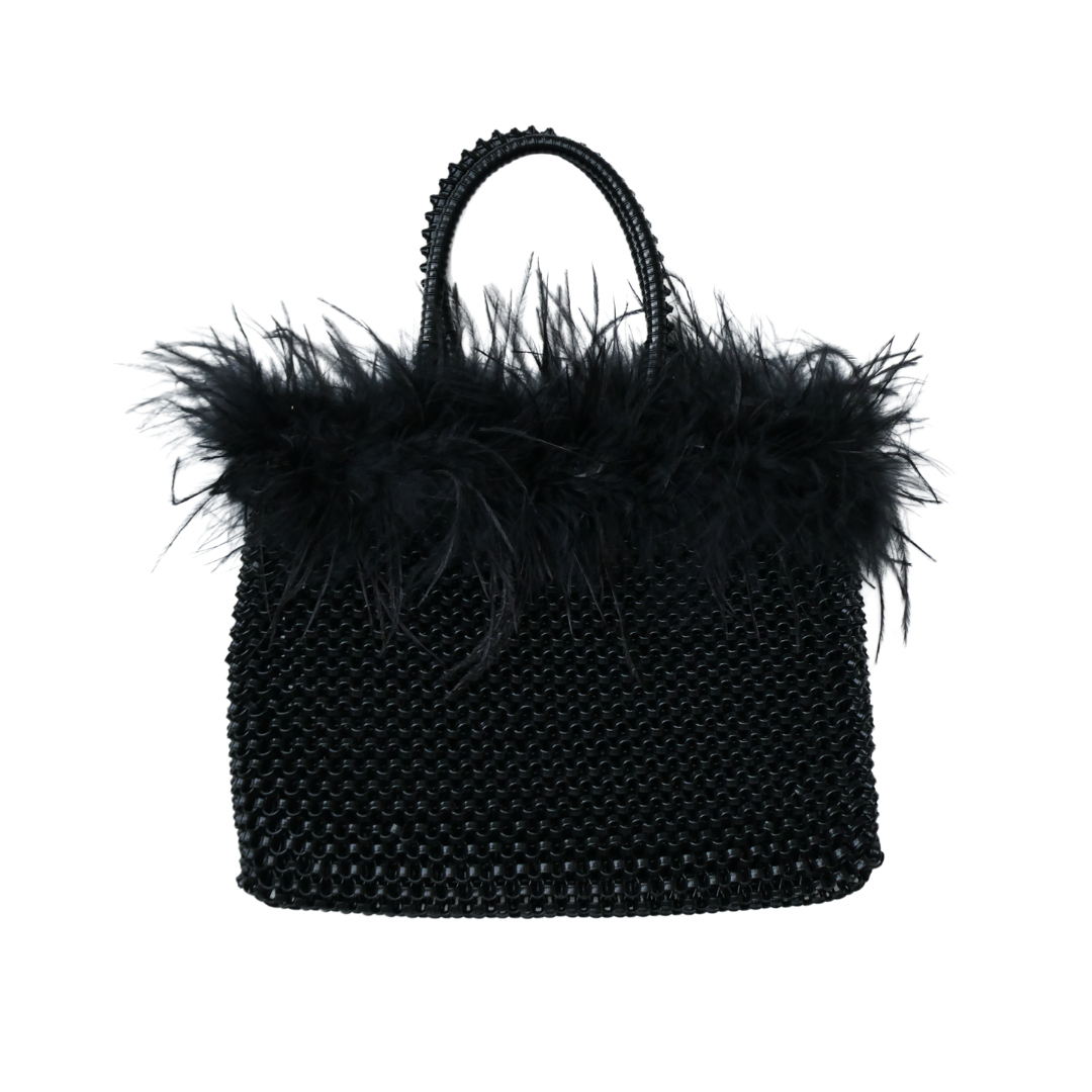 ROBERTA Woven PVC Bag with Fur Trim, Black