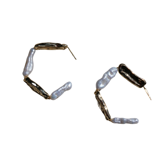 079 Natural Pearl & Gold Statement HoopEarrings