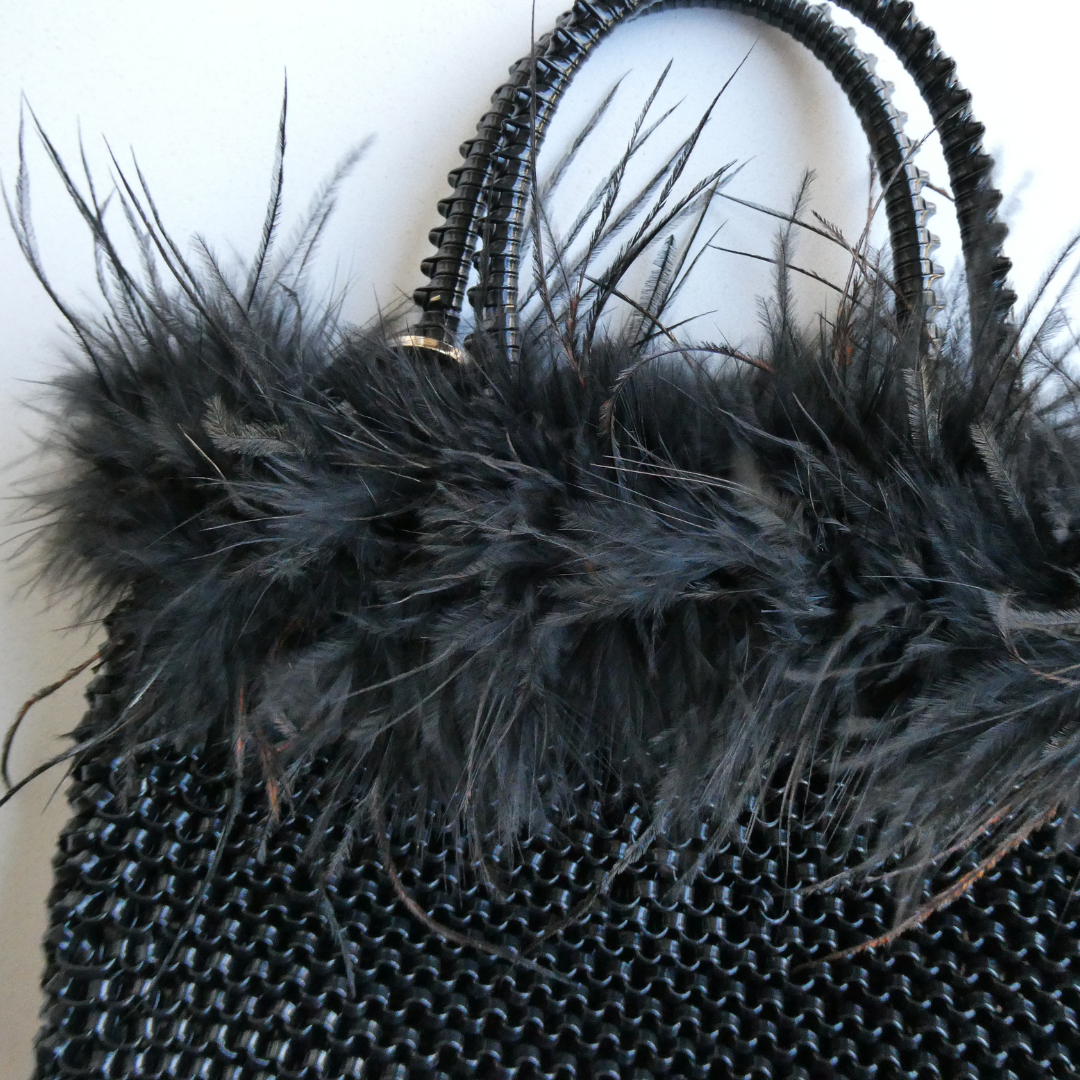 ROBERTA Woven PVC Bag with Fur Trim, Black