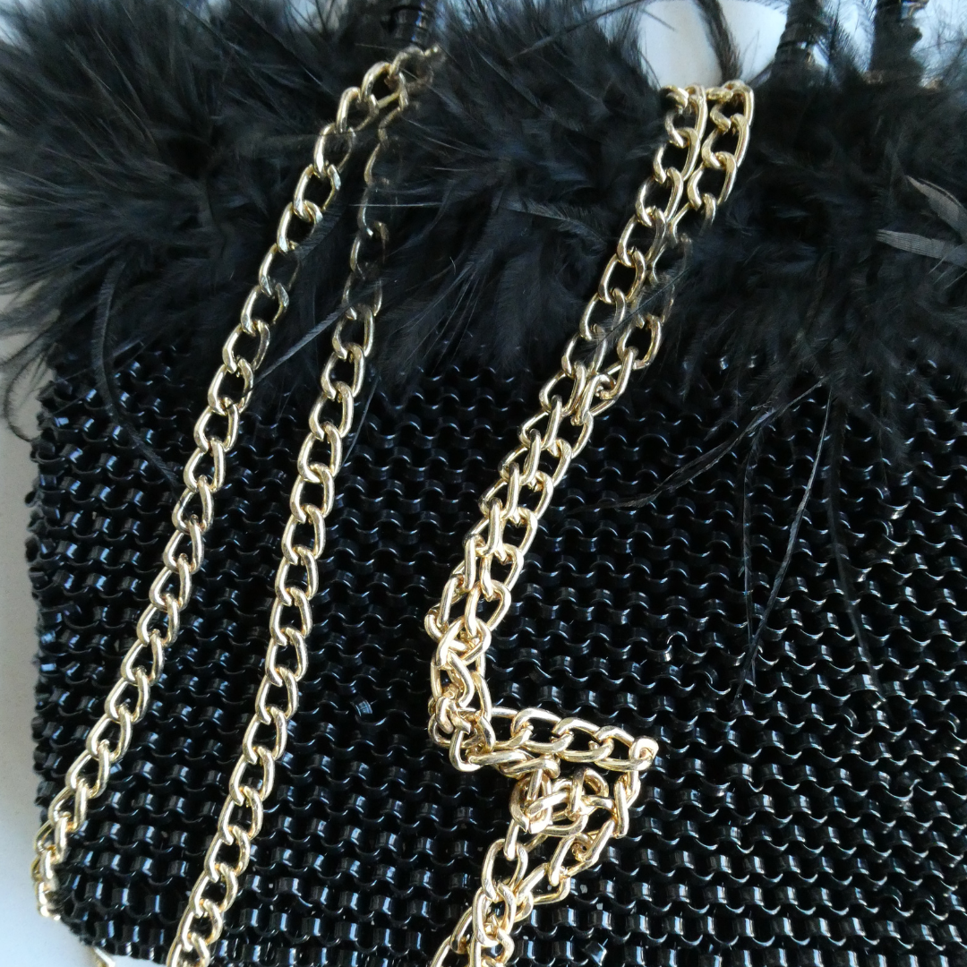 ROBERTA Woven PVC Bag with Fur Trim, Black