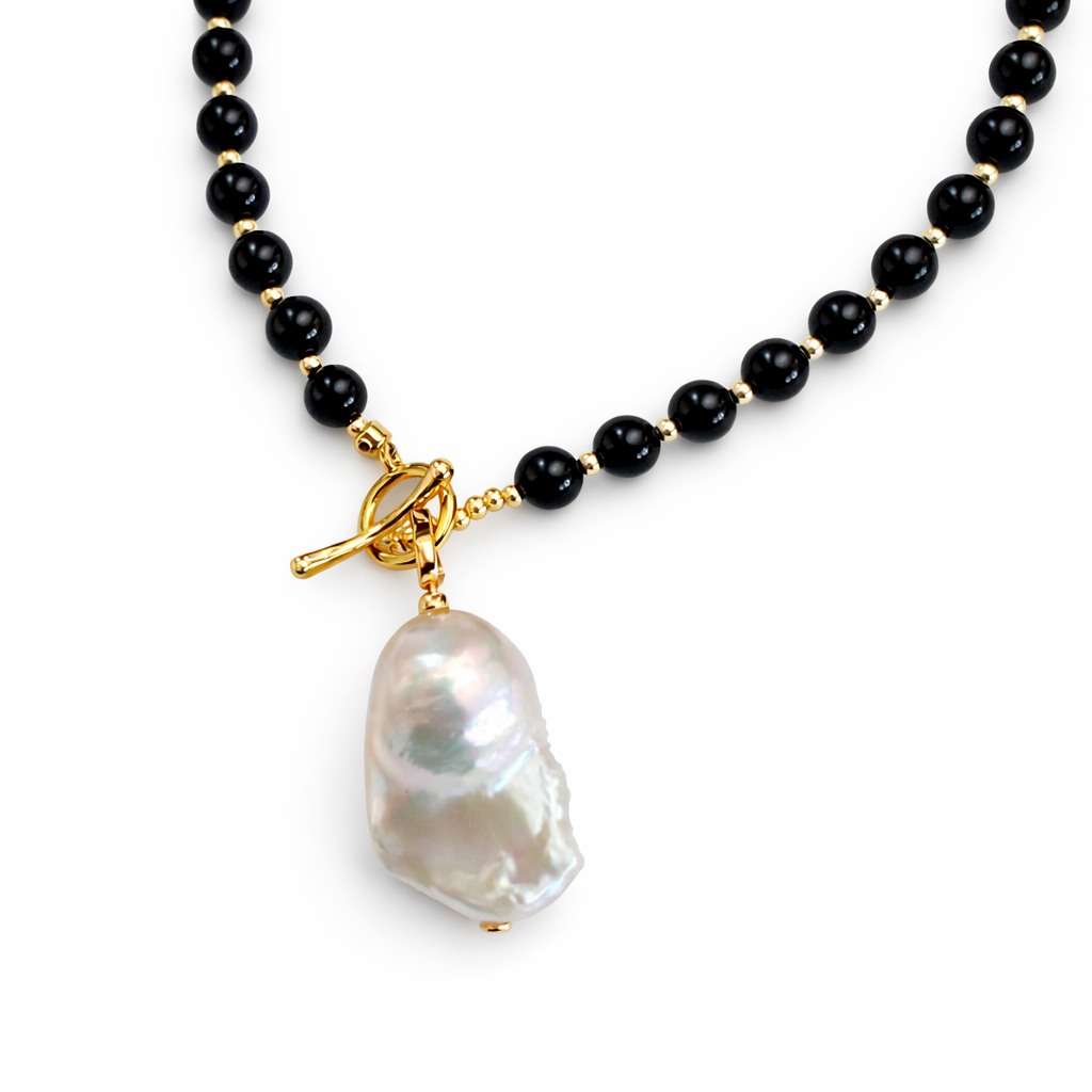 0032 Long Black Beaded Necklace with Baroque Pearl Pendant