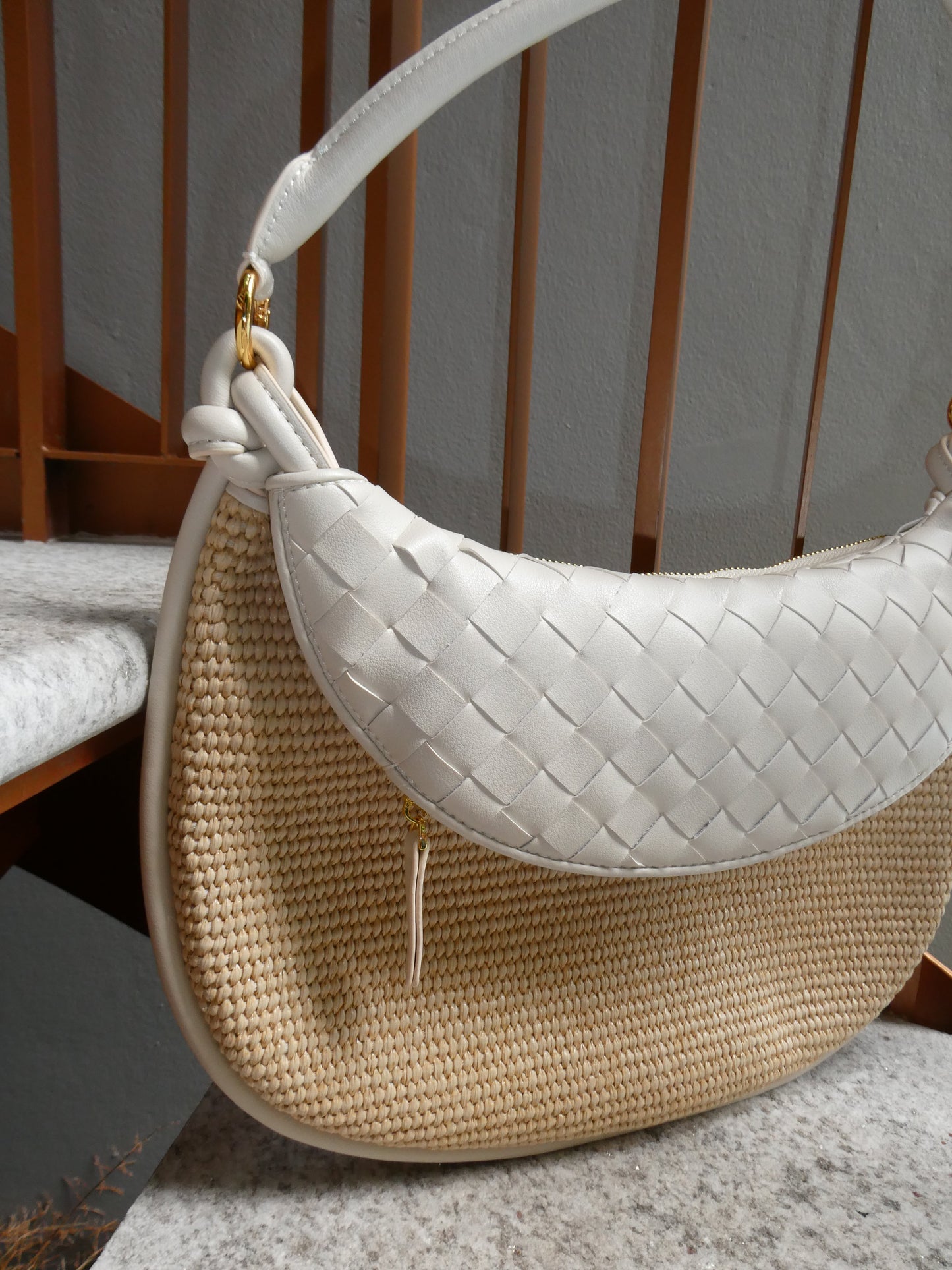 CAMILE Raffia Saddle Bag, Milk