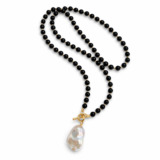 0032 Long Black Beaded Necklace with Baroque Pearl Pendant