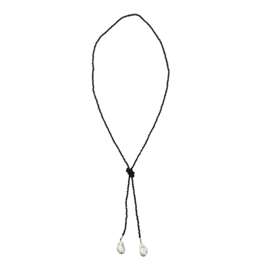 0002 (Long) Beaded Necklace with Faux Pearl Ends, Black