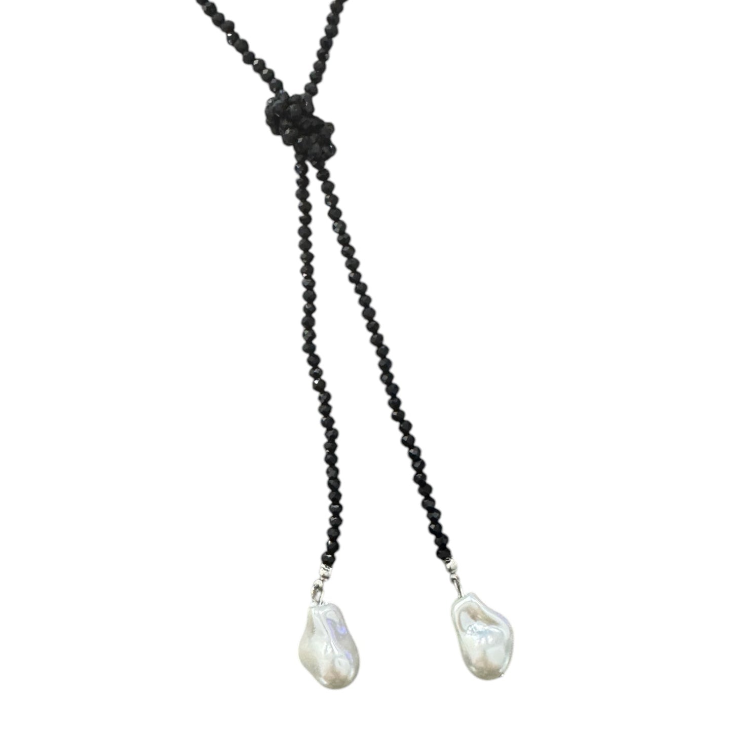 0002 (Long) Beaded Necklace with Faux Pearl Ends, Black