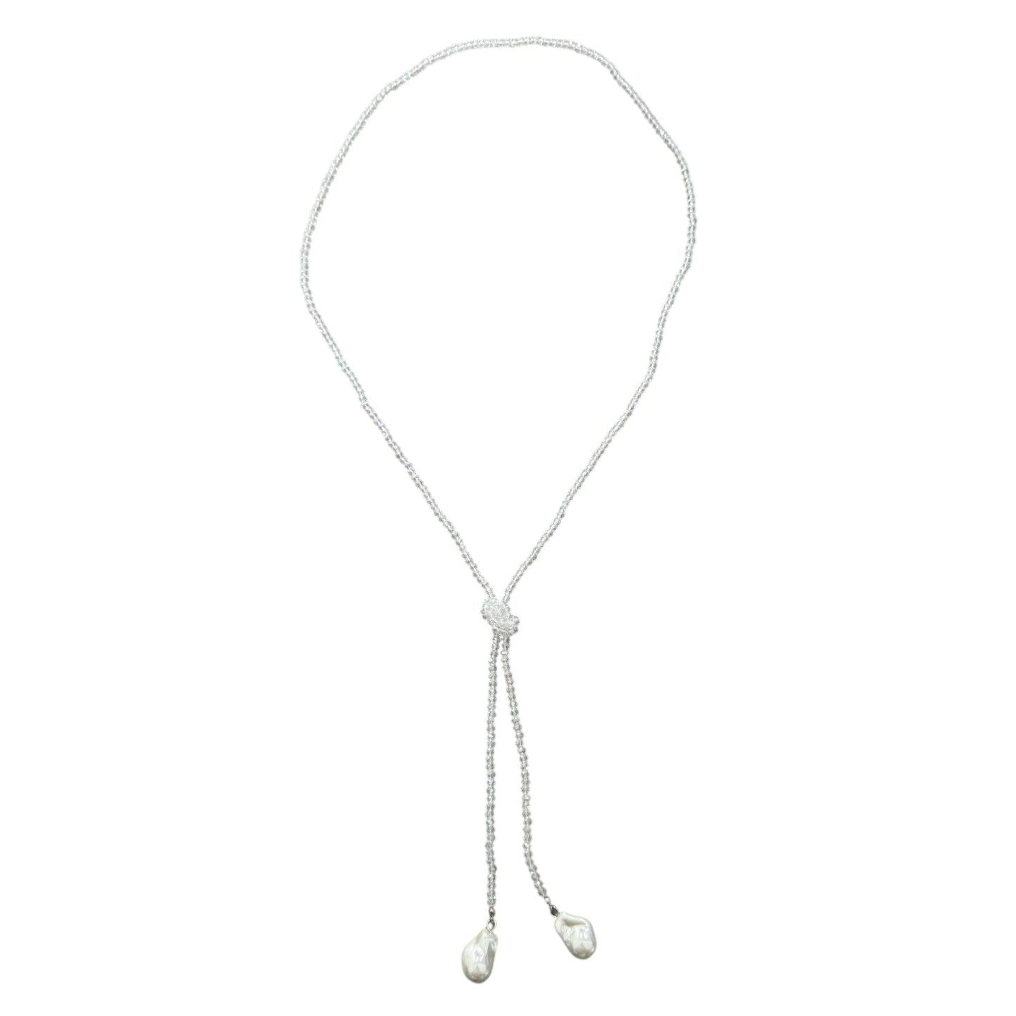 0002 (Long) Beaded Necklace with Faux Pearl Ends, Clear