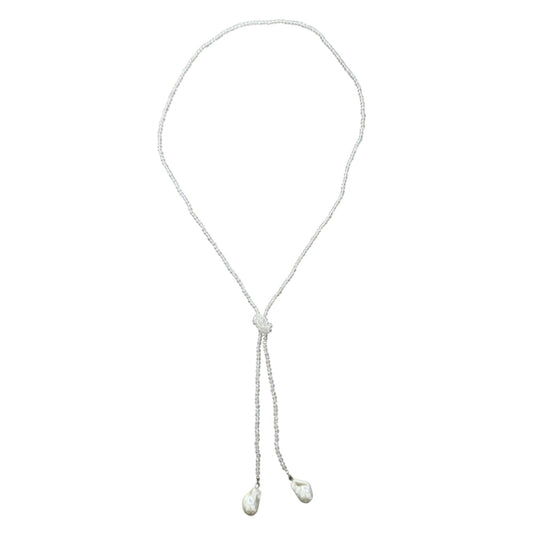 0002 (Long) Beaded Necklace with Faux Pearl Ends, Clear