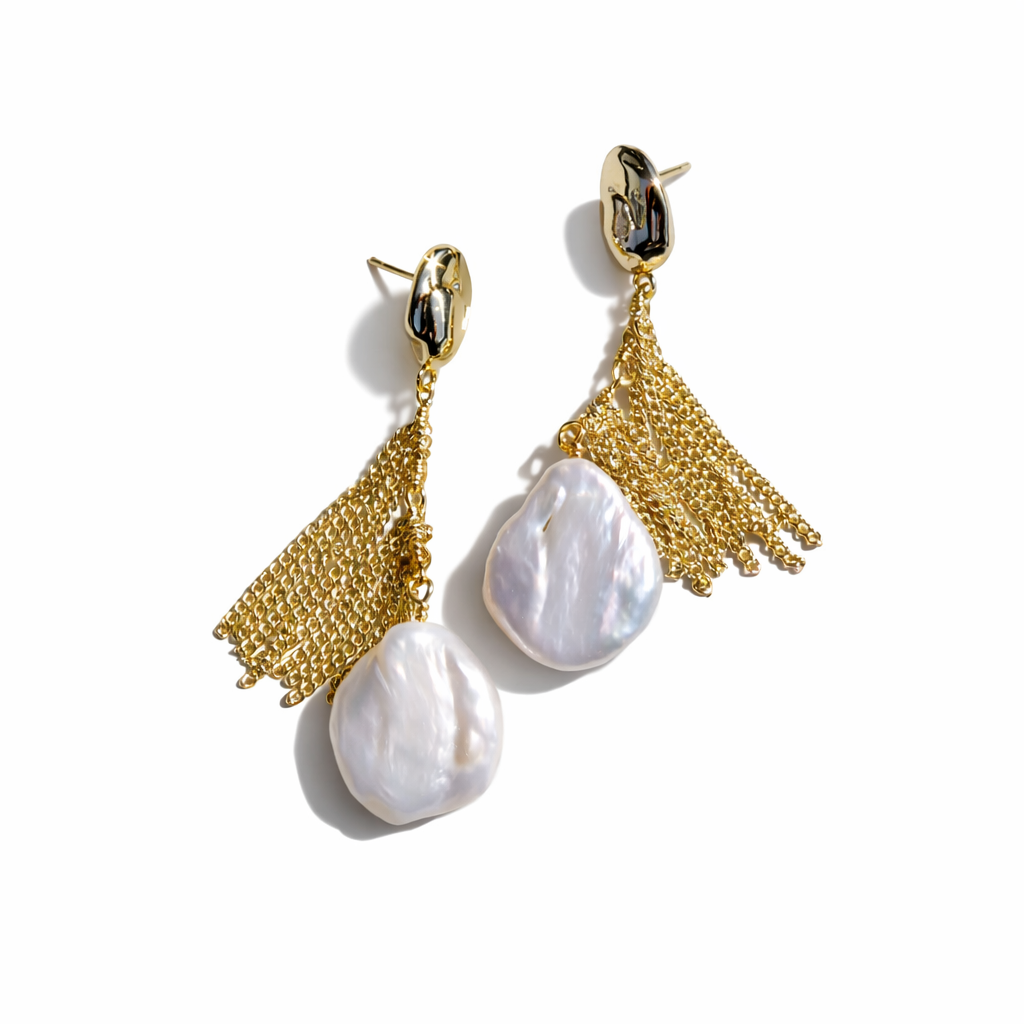 077 Natural Pearl & Gold Chain Statement Earrings