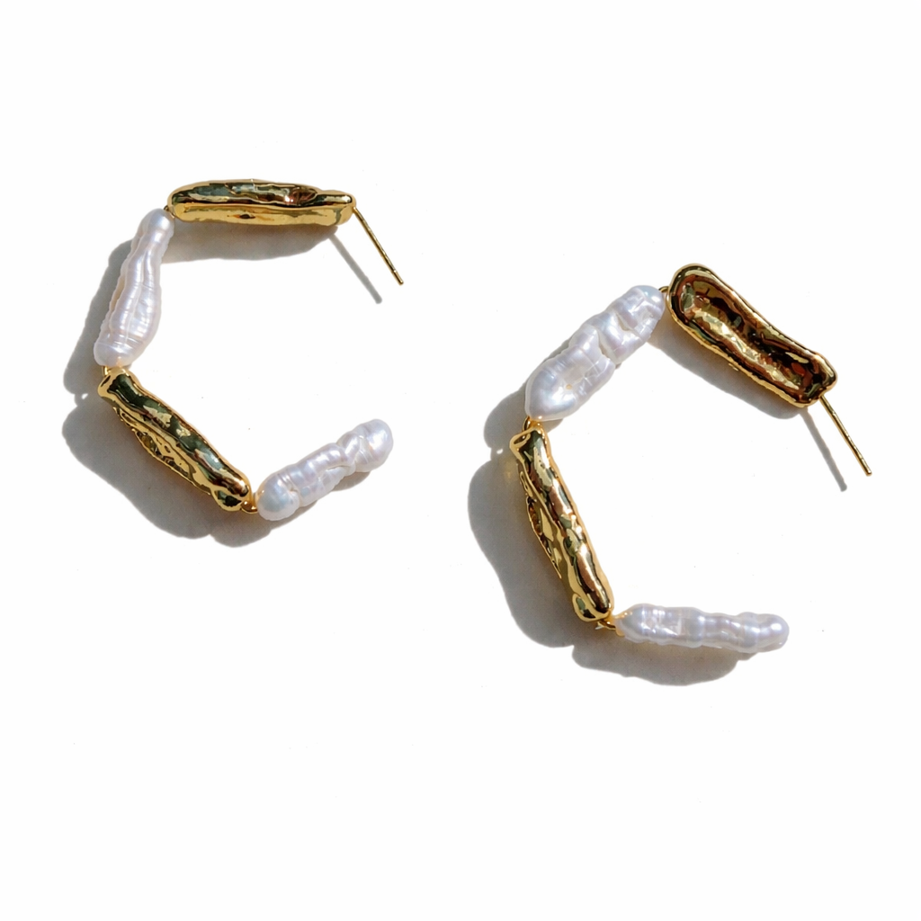 079 Natural Pearl & Gold Statement HoopEarrings